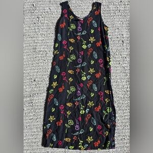 90s Neon Floral Black Sleevless Midi Dress Size Medium